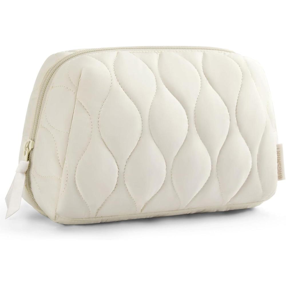 image:imageBAGSMART Makeup Bag Travel Cosmetic Bag Puffy Padded Make Up Bag for Women Makeup Organizer Case Wideopen Pouch Purse Travel Essentials Toiletries Accessories Brushes PinkEBeige