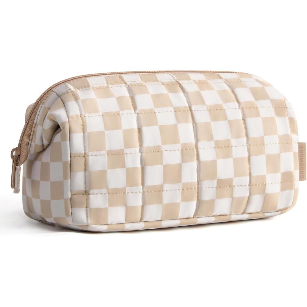 image:imageBAGSMART Makeup Bag Travel Toiletry Bag Puffy Padded Make Up Bags for Women Makeup Organizer Case Wideopen Pouch Purse Travel Essentials Toiletries Accessories Brushes Pink20Checkered Khaki