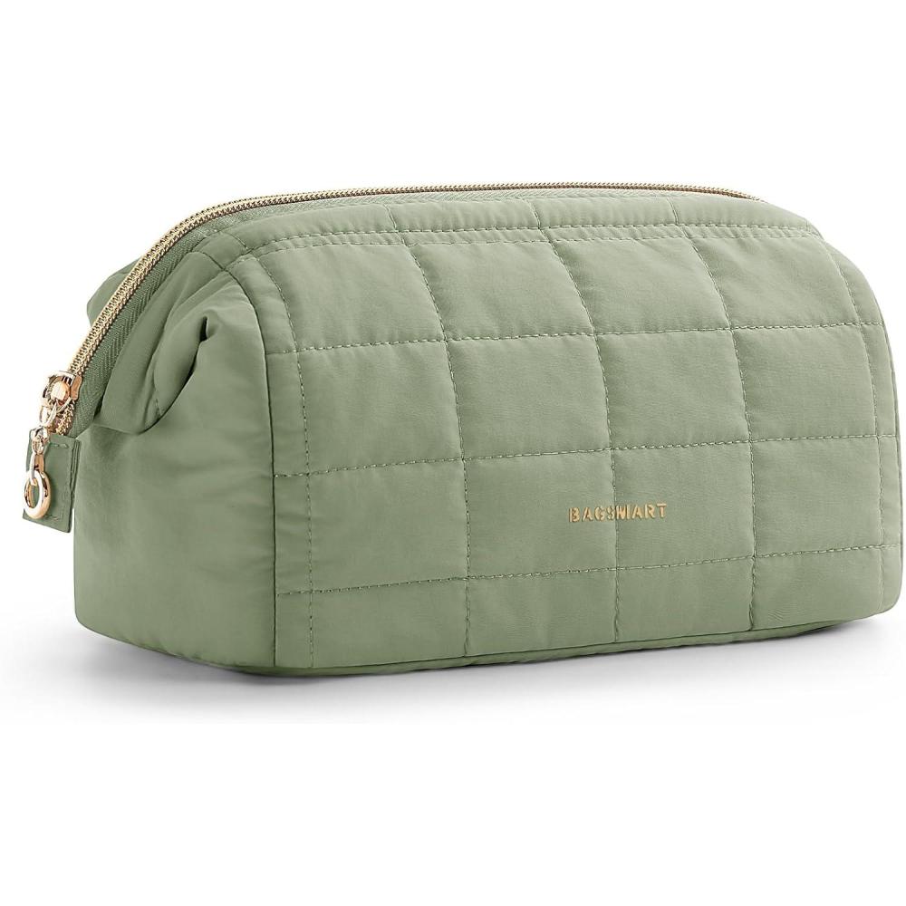 image:imageBAGSMART Makeup Bag Travel Toiletry Bag Puffy Padded Make Up Bags for Women Makeup Organizer Case Wideopen Pouch Purse Travel Essentials Toiletries Accessories Brushes Pink12Mossy Green