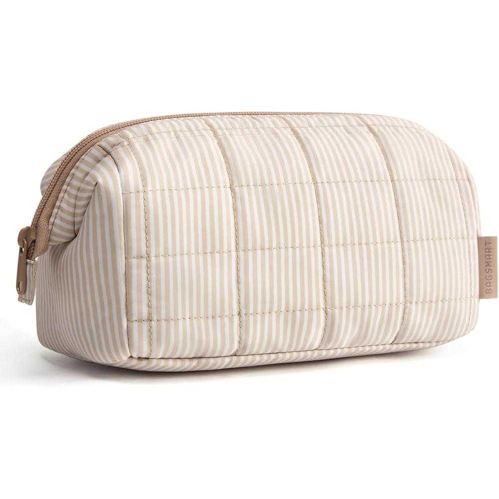 image:imageBAGSMART Makeup Bag Travel Toiletry Bag Puffy Padded Make Up Bags for Women Makeup Organizer Case Wideopen Pouch Purse Travel Essentials Toiletries Accessories Brushes Pink21Strip Khaki Brown