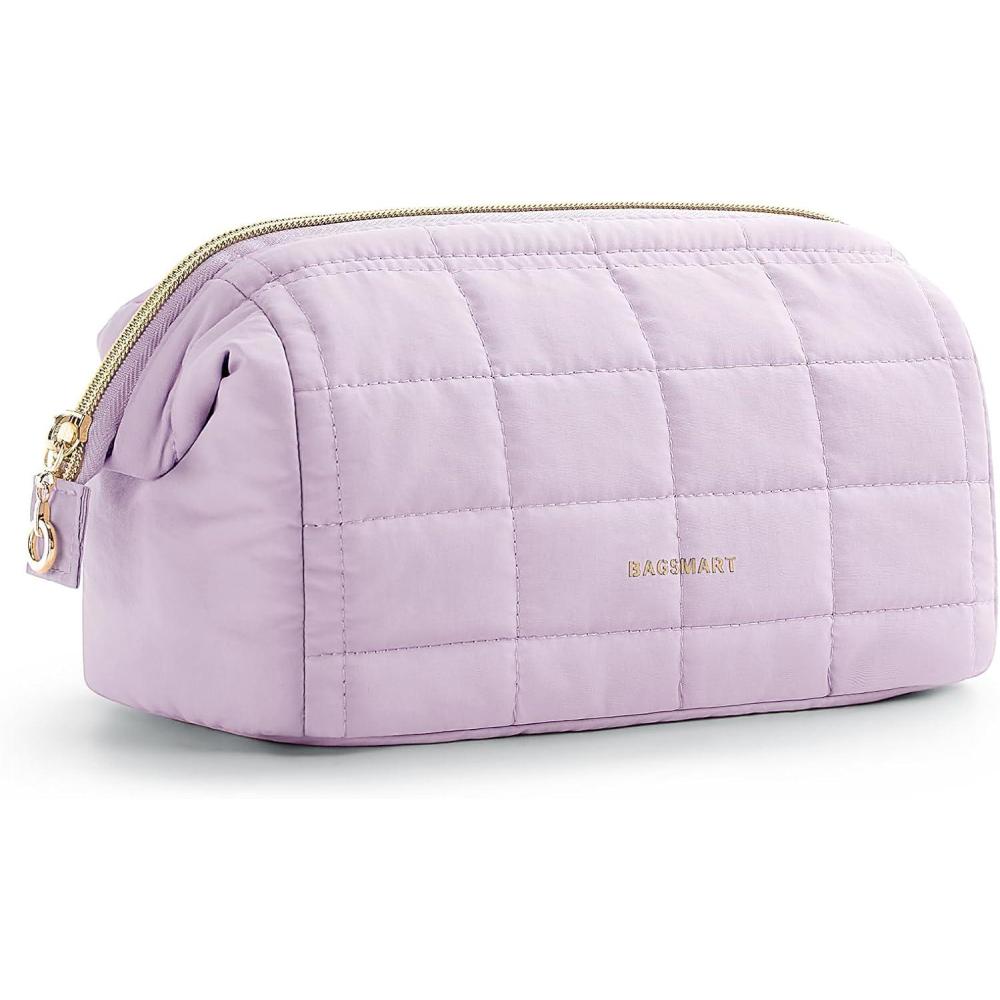 image:imageBAGSMART Makeup Bag Travel Toiletry Bag Puffy Padded Make Up Bags for Women Makeup Organizer Case Wideopen Pouch Purse Travel Essentials Toiletries Accessories Brushes Pink16Lavender Purple