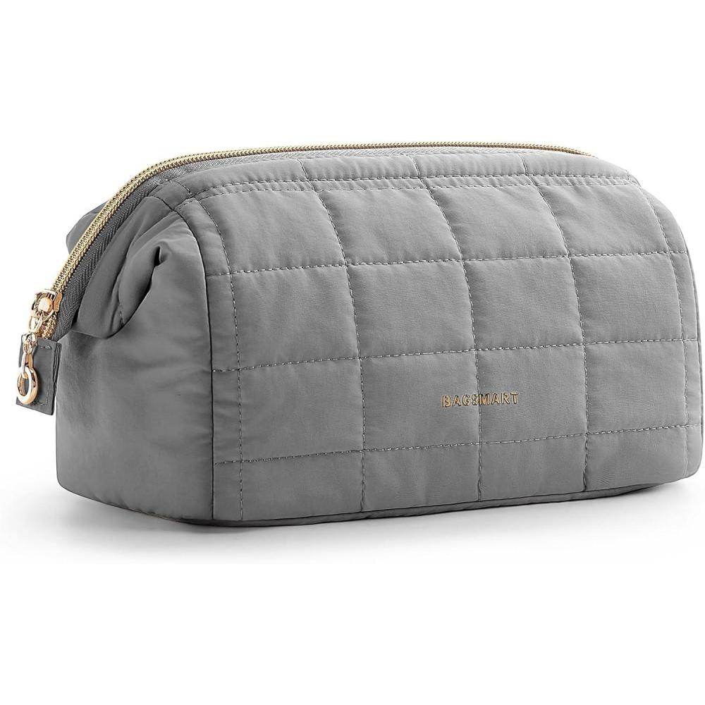 image:imageBAGSMART Makeup Bag Travel Toiletry Bag Puffy Padded Make Up Bags for Women Makeup Organizer Case Wideopen Pouch Purse Travel Essentials Toiletries Accessories Brushes Pink08Grey