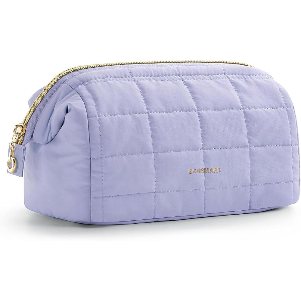 image:imageBAGSMART Makeup Bag Travel Toiletry Bag Puffy Padded Make Up Bags for Women Makeup Organizer Case Wideopen Pouch Purse Travel Essentials Toiletries Accessories Brushes Pink04Purple