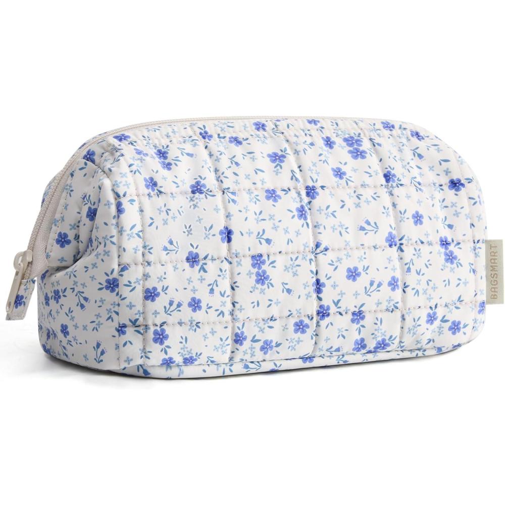 image:imageBAGSMART Makeup Bag Travel Toiletry Bag Puffy Padded Make Up Bags for Women Makeup Organizer Case Wideopen Pouch Purse Travel Essentials Toiletries Accessories Brushes Pink18Blue Ditsy Floral