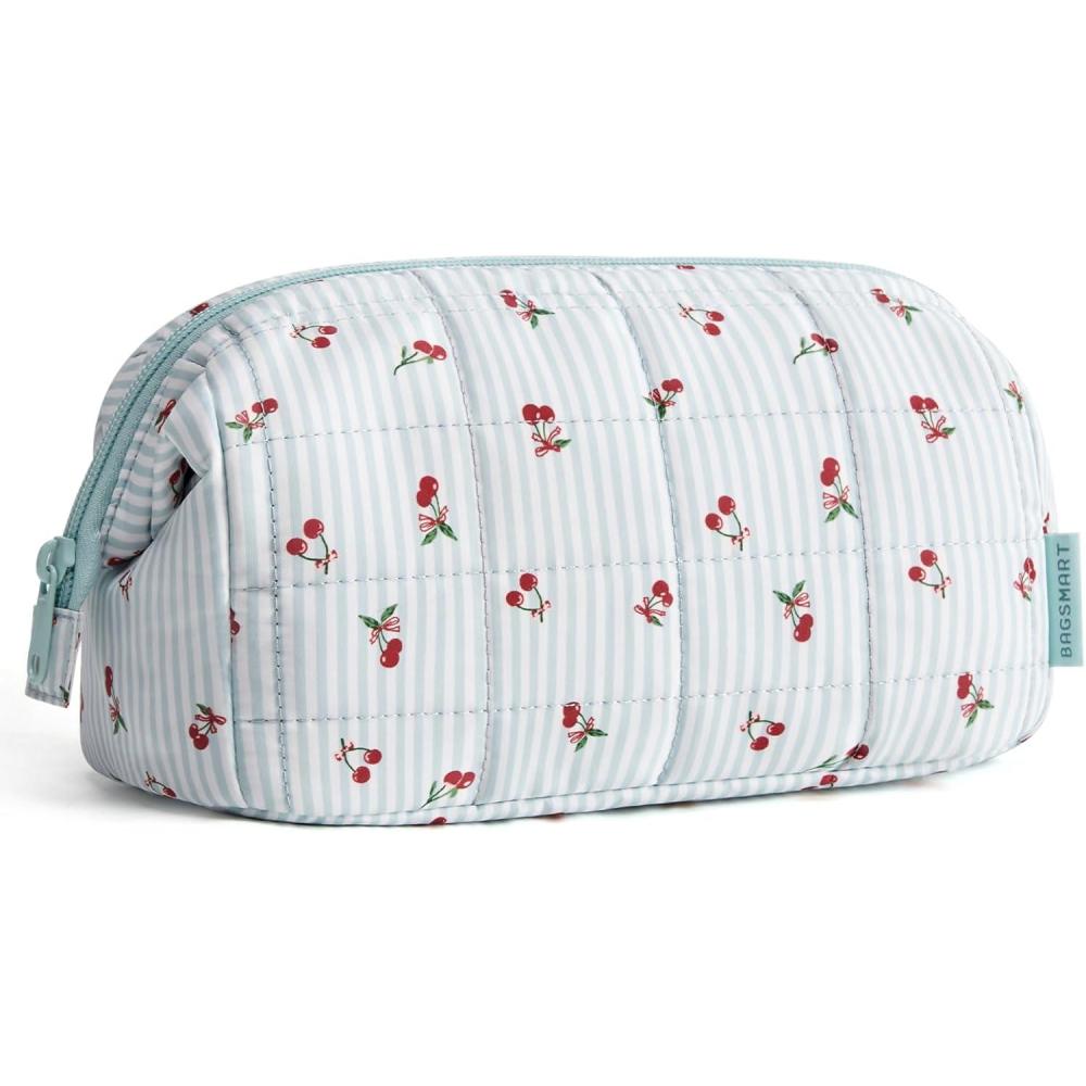 image:imageBAGSMART Makeup Bag Travel Toiletry Bag Puffy Padded Make Up Bags for Women Makeup Organizer Case Wideopen Pouch Purse Travel Essentials Toiletries Accessories Brushes Pink19Ditsy Cherry
