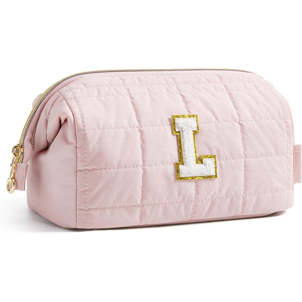 image:imageBAGSMART Makeup Bag Travel Toiletry Bag Puffy Padded Make Up Bags for Women Makeup Organizer Case Wideopen Pouch Purse Travel Essentials Toiletries Accessories Brushes Pink29Letter L