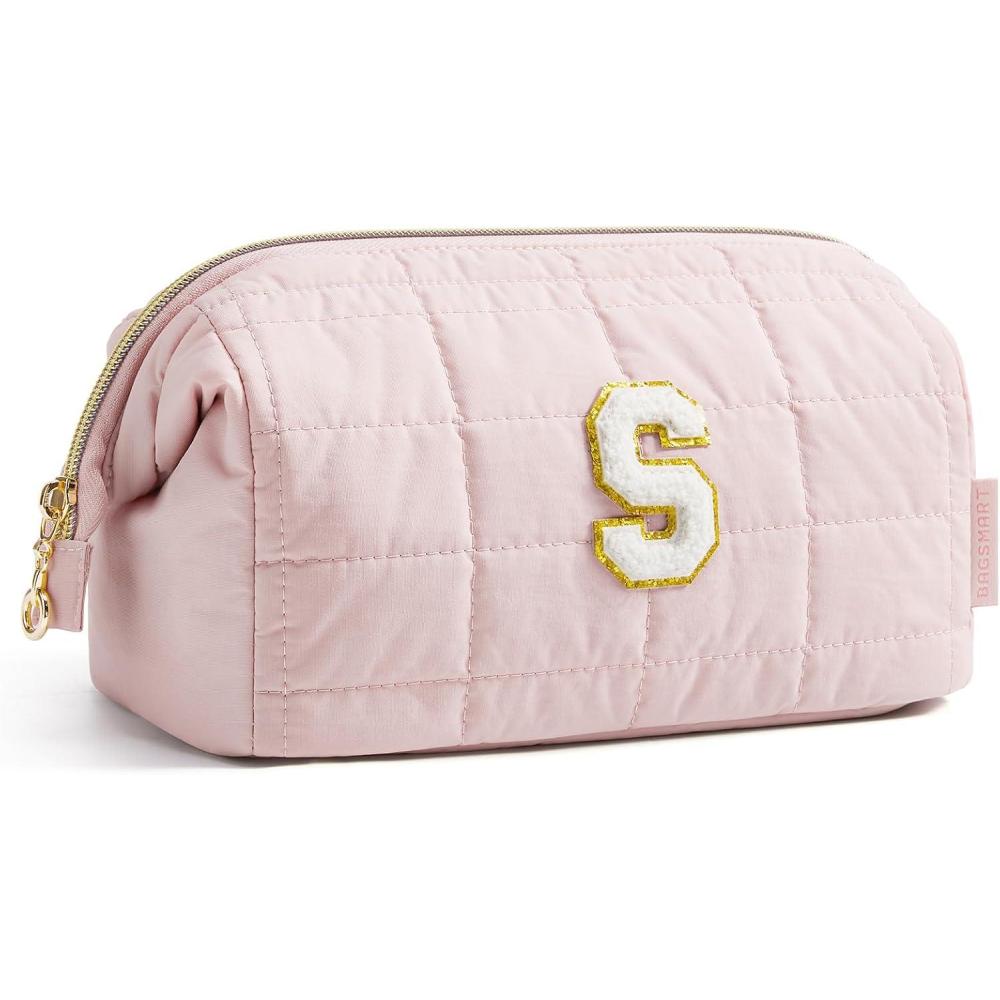image:imageBAGSMART Makeup Bag Travel Toiletry Bag Puffy Padded Make Up Bags for Women Makeup Organizer Case Wideopen Pouch Purse Travel Essentials Toiletries Accessories Brushes Pink31Letter S