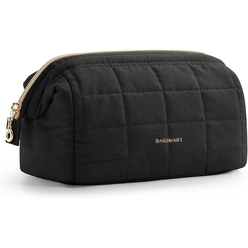 image:imageBAGSMART Makeup Bag Travel Toiletry Bag Puffy Padded Make Up Bags for Women Makeup Organizer Case Wideopen Pouch Purse Travel Essentials Toiletries Accessories Brushes Pink02Black
