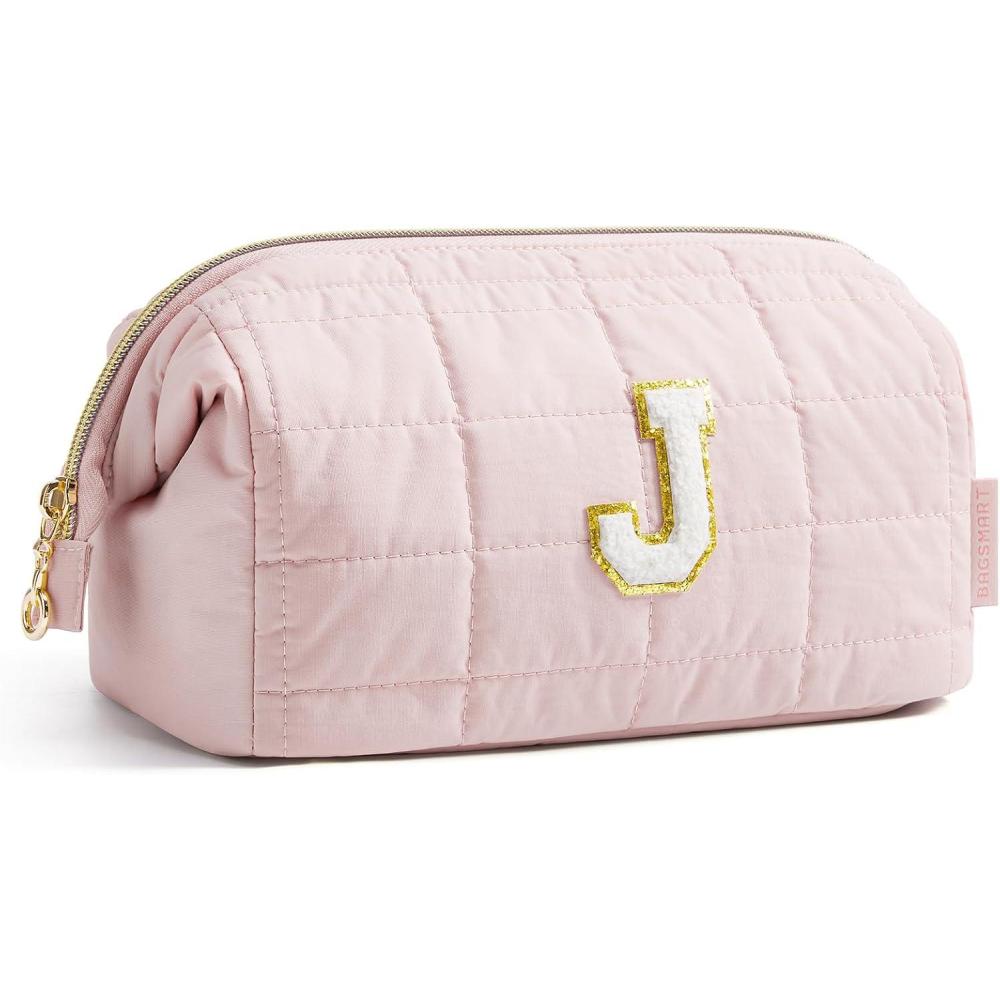 image:imageBAGSMART Makeup Bag Travel Toiletry Bag Puffy Padded Make Up Bags for Women Makeup Organizer Case Wideopen Pouch Purse Travel Essentials Toiletries Accessories Brushes Pink27Letter J
