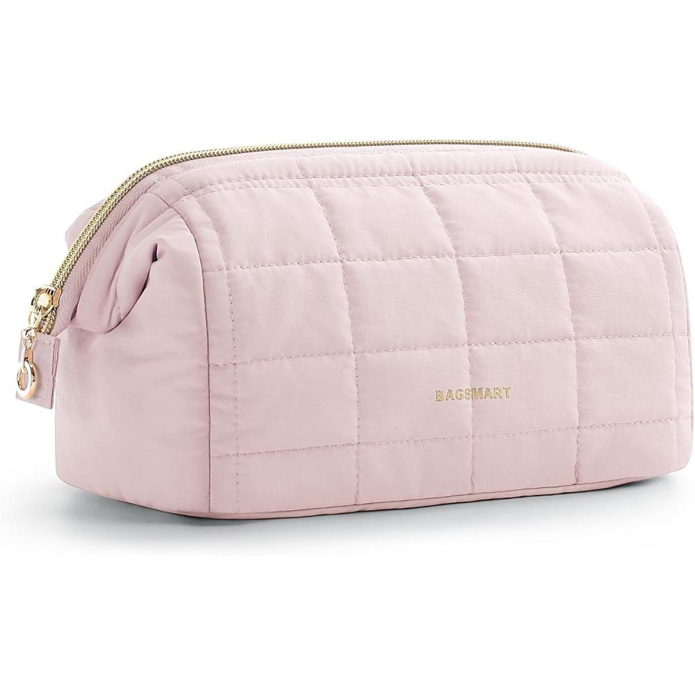 image:imageBAGSMART Makeup Bag Travel Toiletry Bag Puffy Padded Make Up Bags for Women Makeup Organizer Case Wideopen Pouch Purse Travel Essentials Toiletries Accessories Brushes Pink01Pink