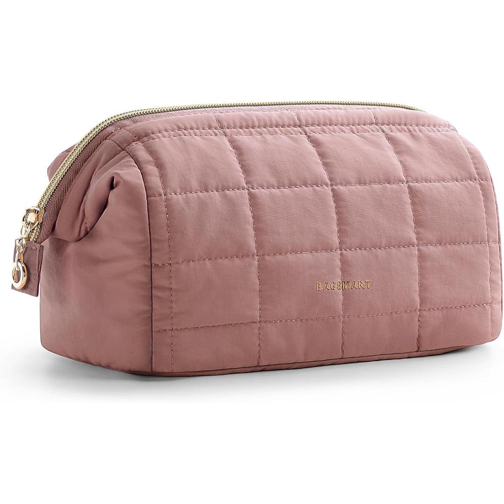 image:imageBAGSMART Makeup Bag Travel Toiletry Bag Puffy Padded Make Up Bags for Women Makeup Organizer Case Wideopen Pouch Purse Travel Essentials Toiletries Accessories Brushes Pink06Dark Pink