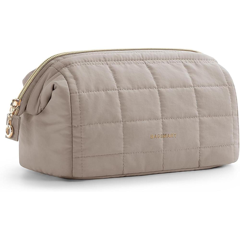 image:imageBAGSMART Makeup Bag Travel Toiletry Bag Puffy Padded Make Up Bags for Women Makeup Organizer Case Wideopen Pouch Purse Travel Essentials Toiletries Accessories Brushes Pink09Camel