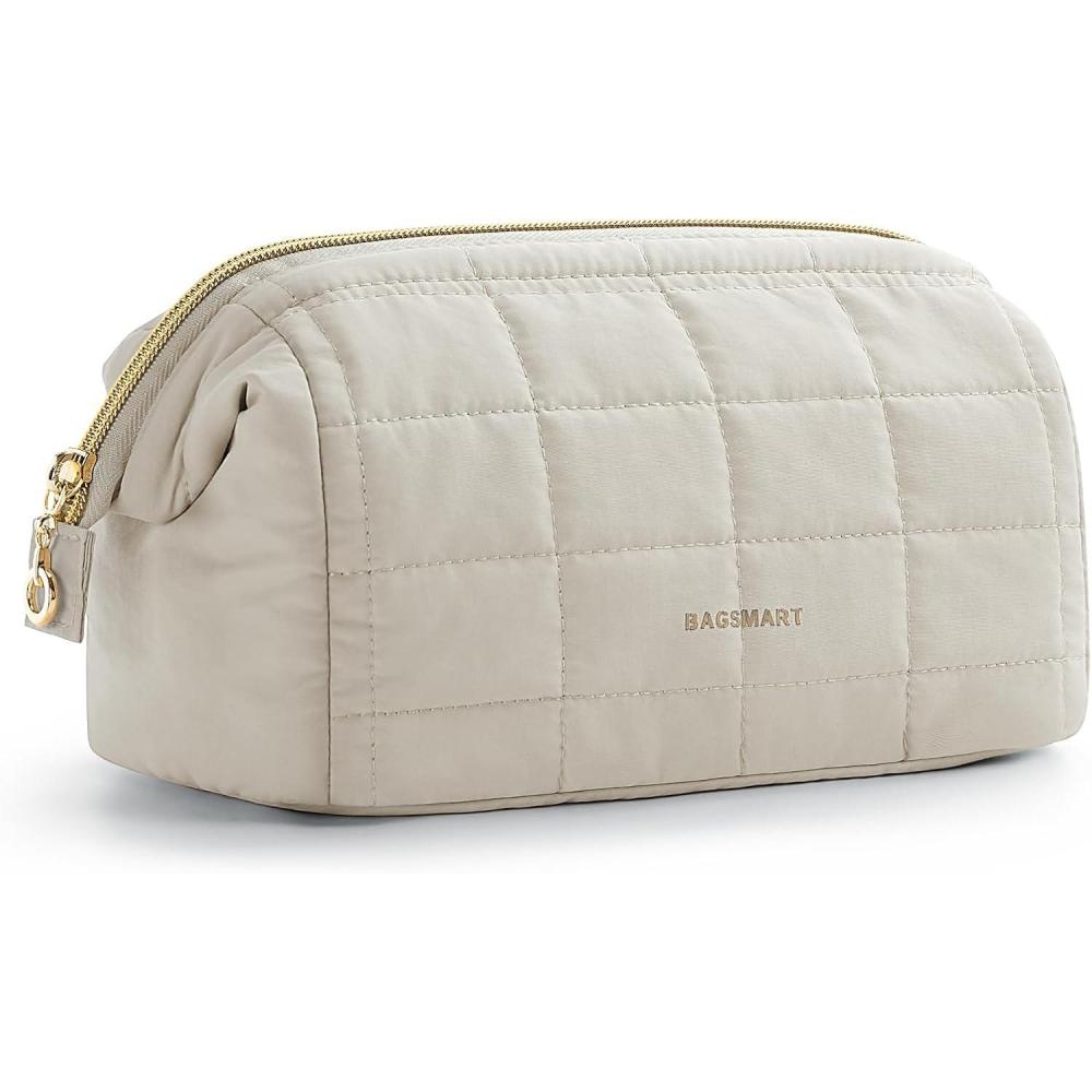 image:imageBAGSMART Makeup Bag Travel Toiletry Bag Puffy Padded Make Up Bags for Women Makeup Organizer Case Wideopen Pouch Purse Travel Essentials Toiletries Accessories Brushes Pink03Beige
