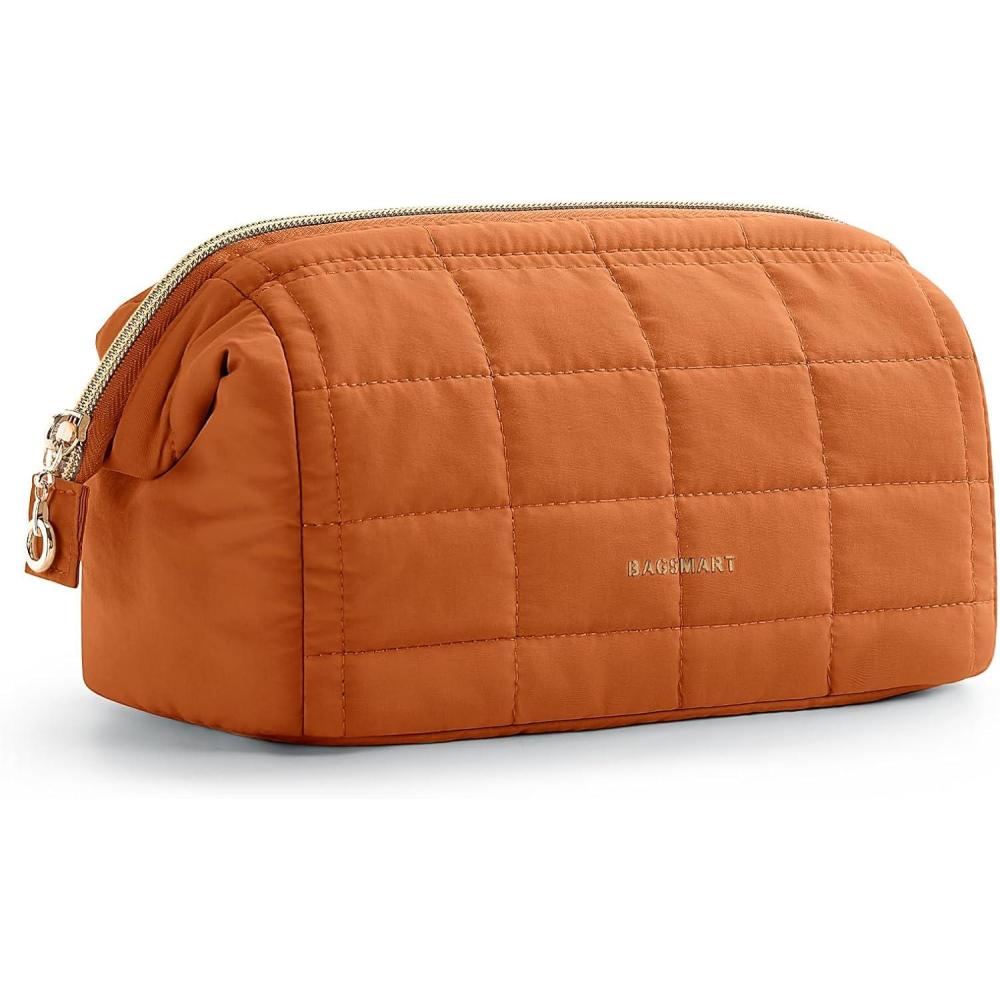 image:imageBAGSMART Makeup Bag Travel Toiletry Bag Puffy Padded Make Up Bags for Women Makeup Organizer Case Wideopen Pouch Purse Travel Essentials Toiletries Accessories Brushes Pink14Rust Orange