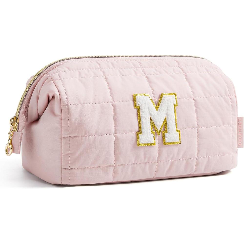 image:imageBAGSMART Makeup Bag Travel Toiletry Bag Puffy Padded Make Up Bags for Women Makeup Organizer Case Wideopen Pouch Purse Travel Essentials Toiletries Accessories Brushes Pink30Letter M