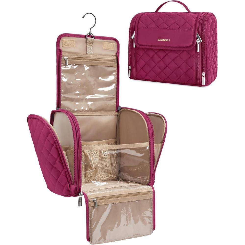 image:imageBAGSMART Makeup Bag for Women with Hanging Hook  Portable Cosmetic Case Large Capacity Door Room Essentials Travel Organizer for Full Sized Cosmetics and Toiletries BlackGarnet Red