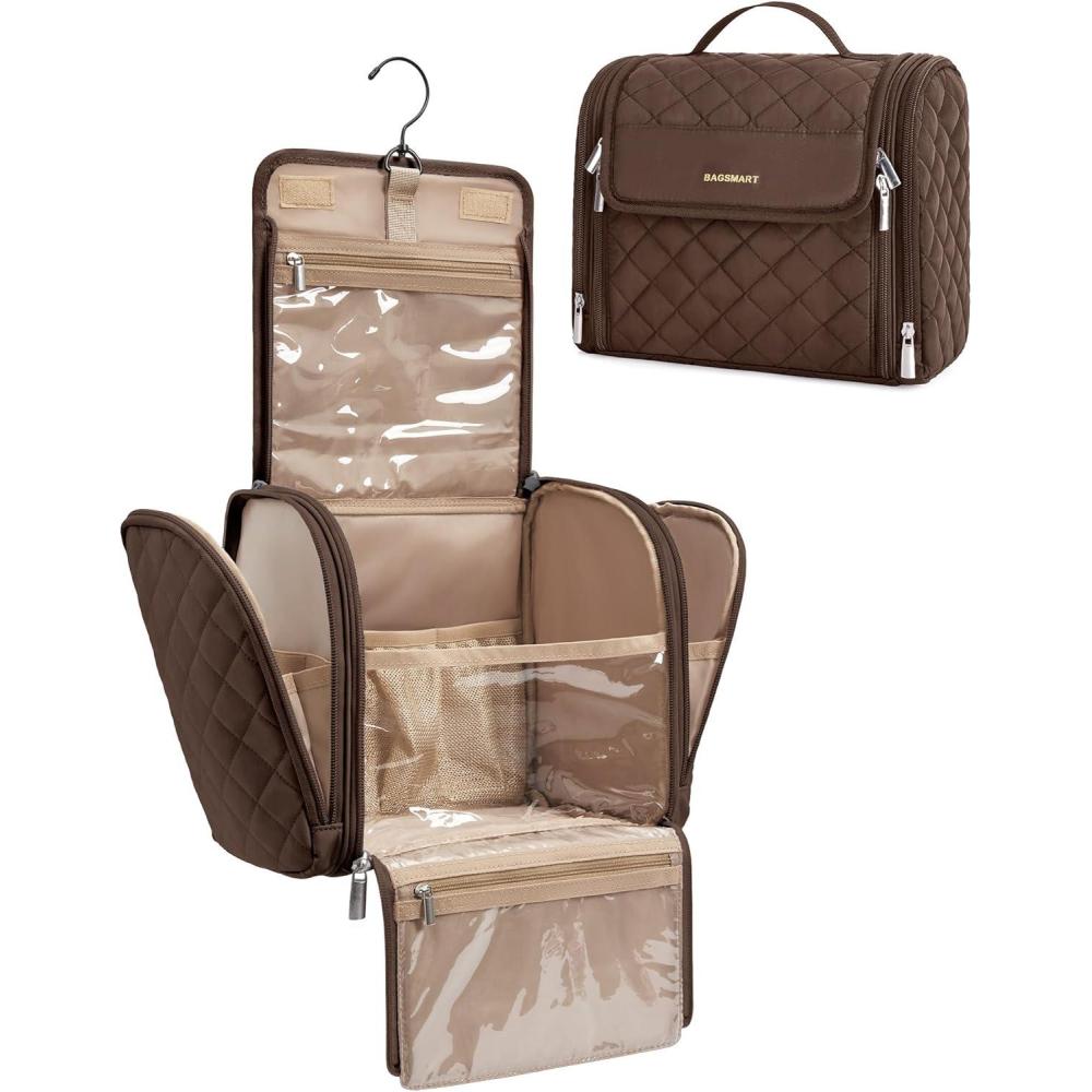 image:imageBAGSMART Makeup Bag for Women with Hanging Hook Portable Cosmetic Case Large Capacity Door Room Essentials Travel Organizer for Full Sized Cosmetics and Toiletries BlackTan Brown