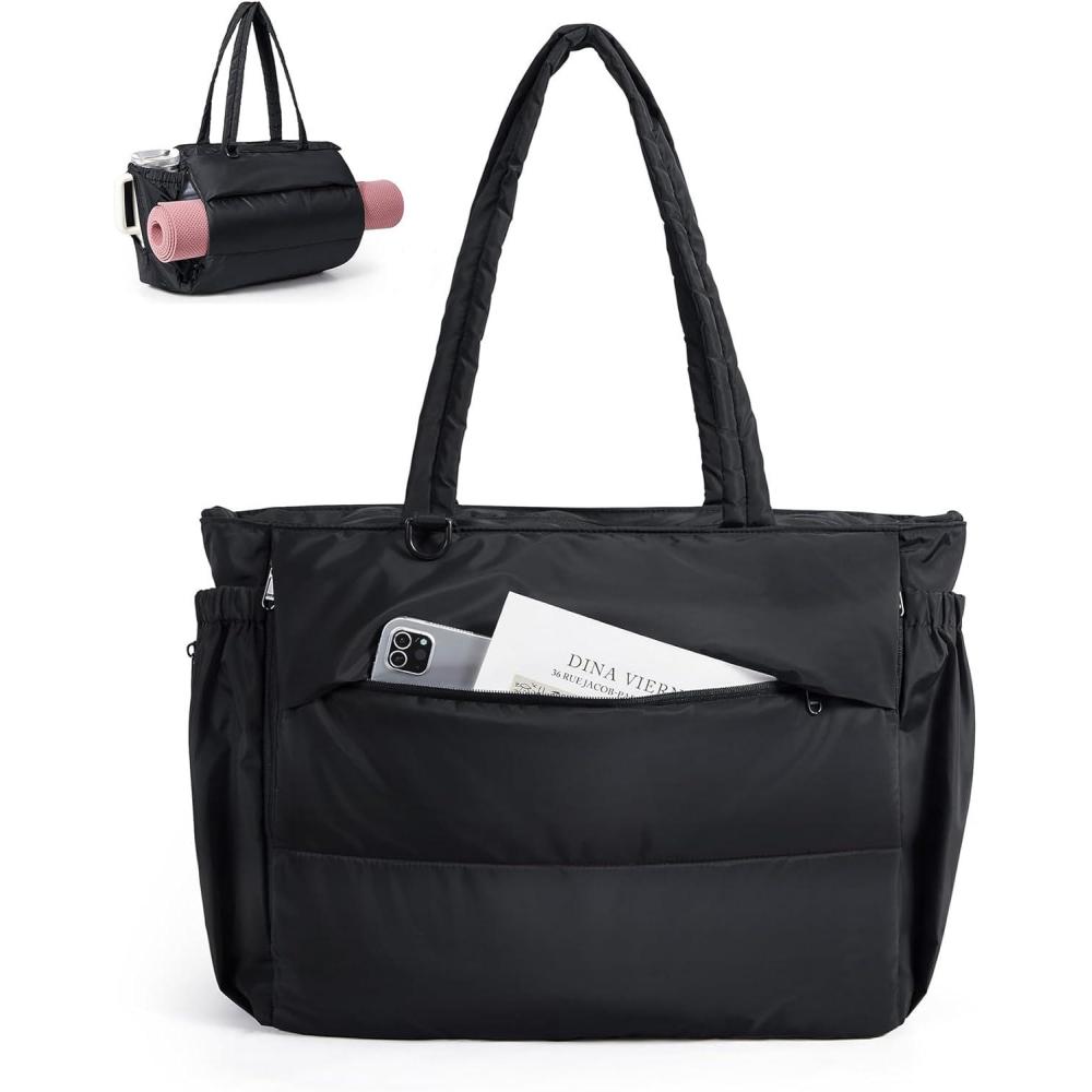 image:imageBAGSMART Puffy Tote Bag for Women 22L Gym Bag for 40oz Tumbler Work Handbag for Travel Yoga Tennis CollegeBlack
