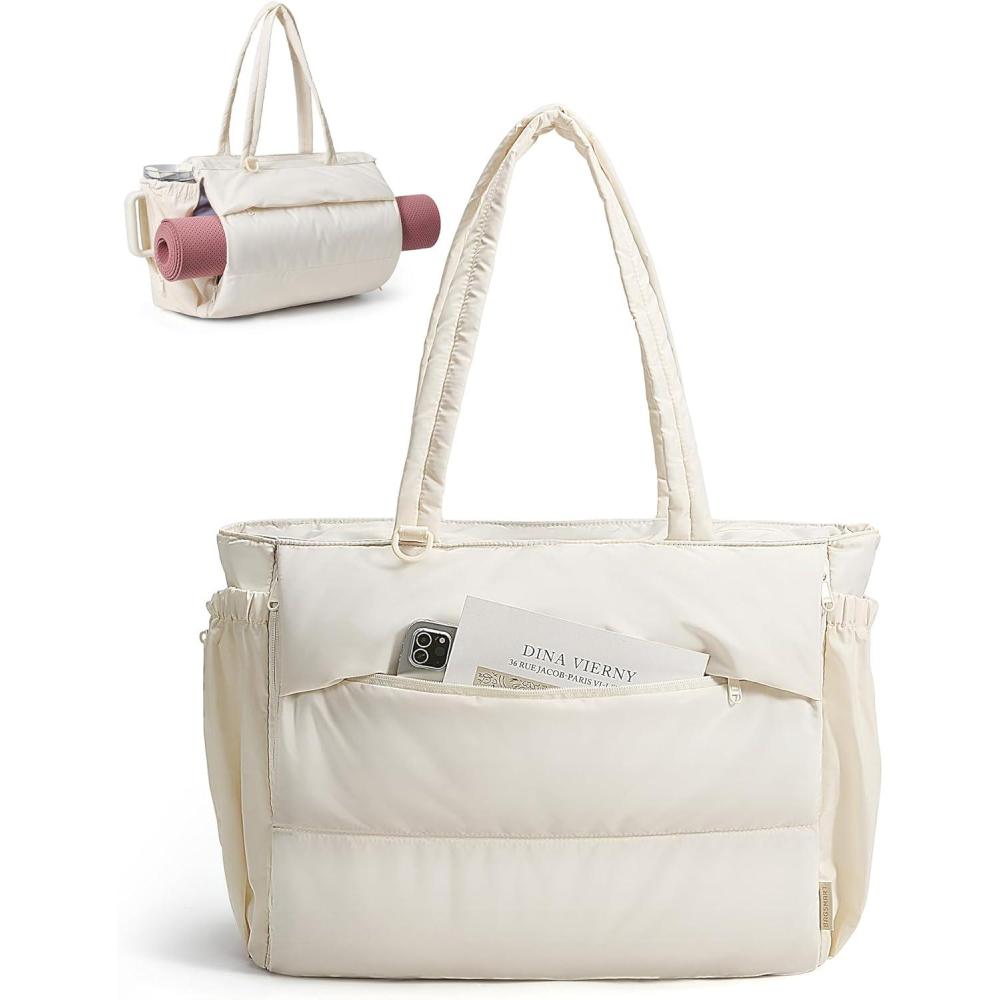 image:imageBAGSMART Puffy Tote Bag for Women 22L Gym Bag for 40oz Tumbler Work Handbag for Travel Yoga Tennis CollegeCream