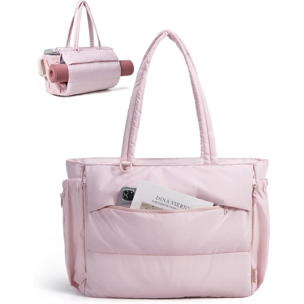 image:imageBAGSMART Puffy Tote Bag for Women 22L Gym Bag for 40oz Tumbler Work Handbag for Travel Yoga Tennis CollegePink