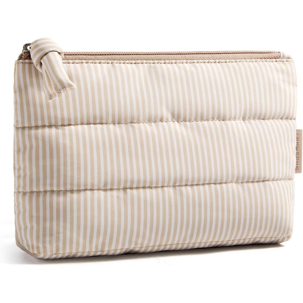 image:imageBAGSMART Small Cosmetic Bag Elegant Roomy Makeup Bagslipstick pouchZipper PouchGreat Gifts for WomenTravel Waterproof Toiletry Bag Accessories Organizer Gifts Pink1 pcsKhaki Stripe