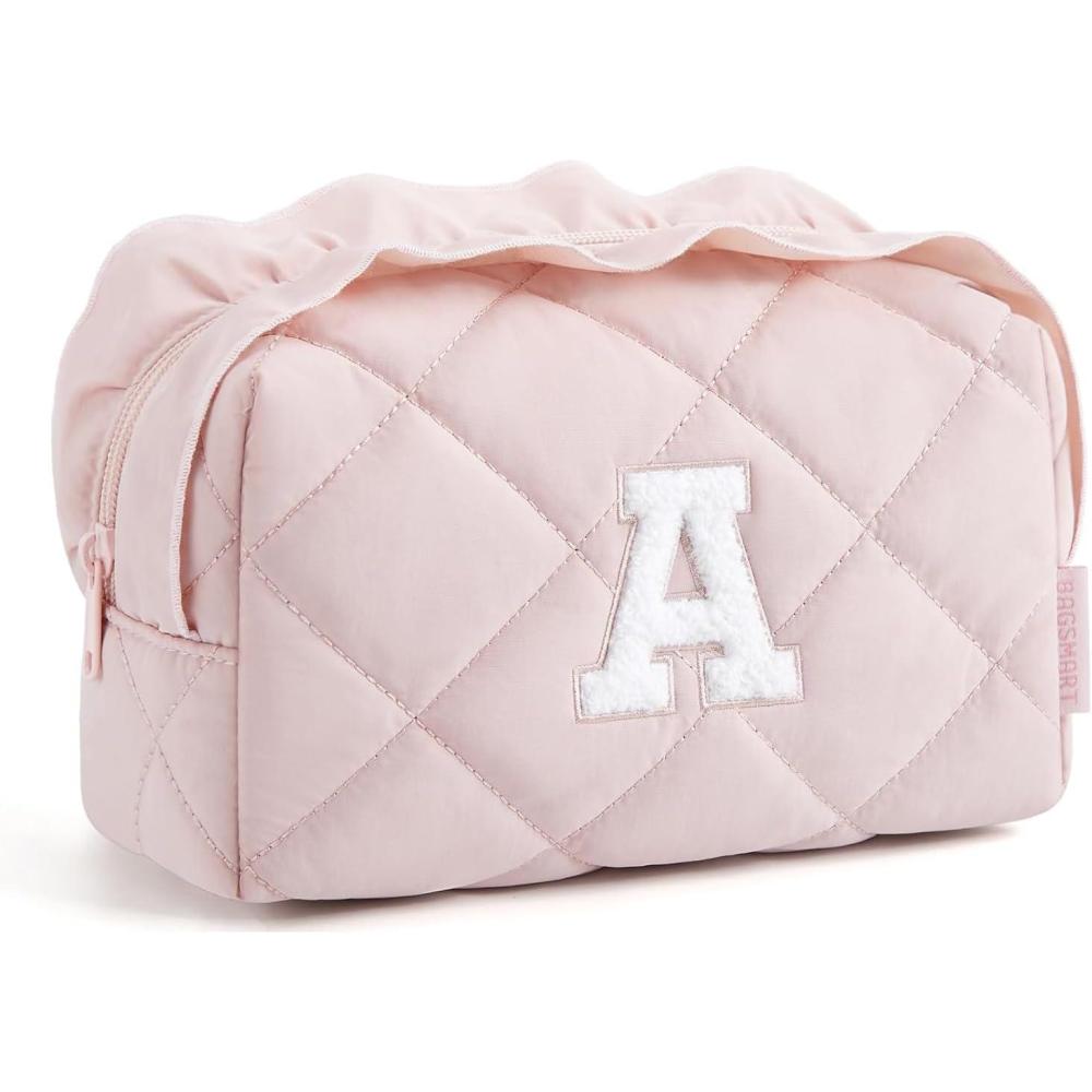 image:imageBAGSMART Small Makeup Bag Travel Cosmetic Bag Make Up Pouch Small Travel Zipper PouchWaterresistant Toiletry BagMakeup Organizer Bag for Women Black03InitialAPink