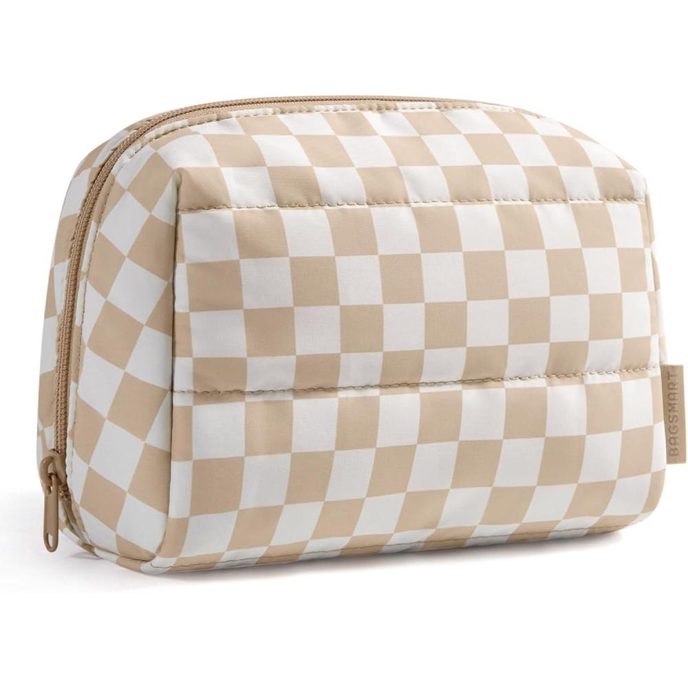 image:imageBAGSMART Small Makeup Bag Travel Cosmetic Bag Make Up Pouch Small Travel Zipper PouchWaterresistant Toiletry BagMakeup Organizer Bag for Women BlackKhaki Checkered