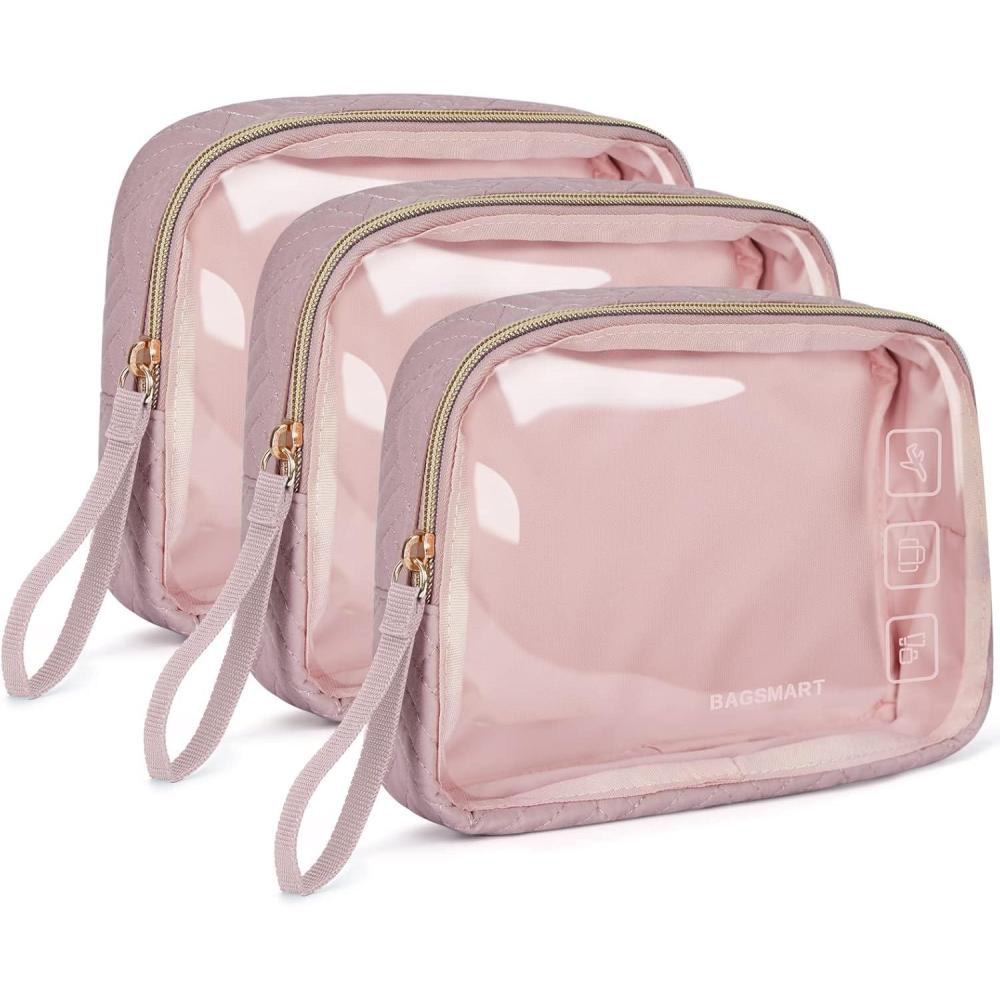 image:imageBAGSMART TSA Approved Toiletry Bag 2 Pack Clear Makeup Cosmetic Bag Organizer Quart Size Travel Bag for Toiletries Carryon Travel Accessories Essentials  PinkPink