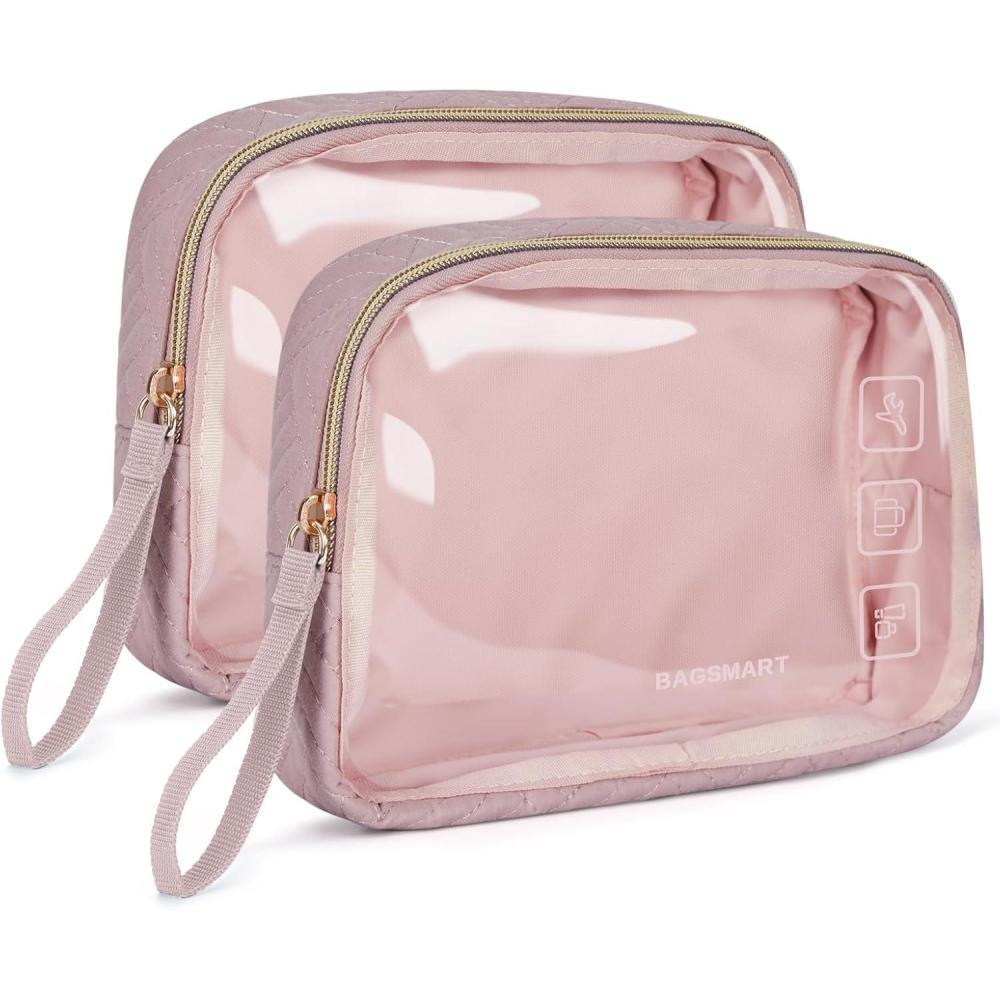 image:imageBAGSMART TSA Approved Toiletry Bag 2 Pack Clear Makeup Cosmetic Bag Organizer Quart Size Travel Bag for Toiletries Carryon Travel Accessories Essentials PinkPink2pcs