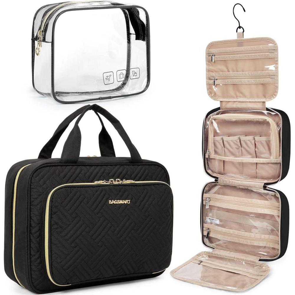 image:imageBAGSMART Toiletry Bag Hanging Travel Makeup Organizer with TSA Approved Transparent Cosmetic Bag Makeup Bag for Full Sized Toiletries LargeBlckBlack