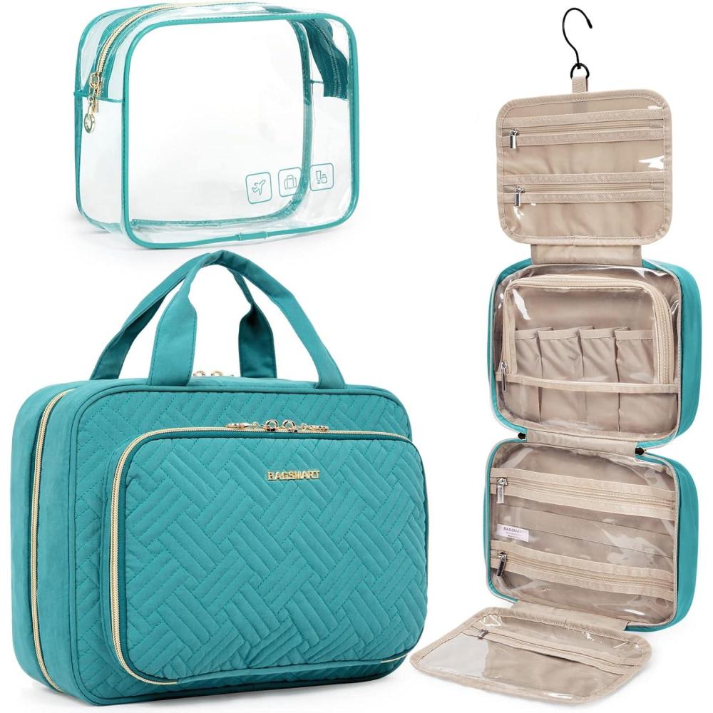 image:imageBAGSMART Toiletry Bag Hanging Travel Makeup Organizer with TSA Approved Transparent Cosmetic Bag Makeup Bag for Full Sized Toiletries LargeBlckBlue