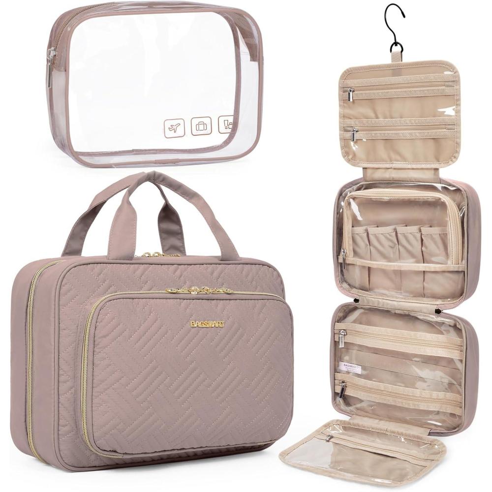 image:imageBAGSMART Toiletry Bag Hanging Travel Makeup Organizer with TSA Approved Transparent Cosmetic Bag Makeup Bag for Full Sized Toiletries LargeBlckDark Purple