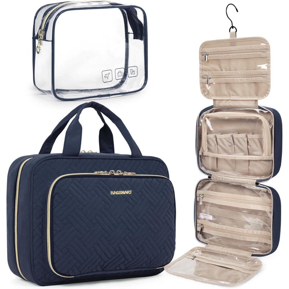 image:imageBAGSMART Toiletry Bag Hanging Travel Makeup Organizer with TSA Approved Transparent Cosmetic Bag Makeup Bag for Full Sized Toiletries LargeBlckNavy