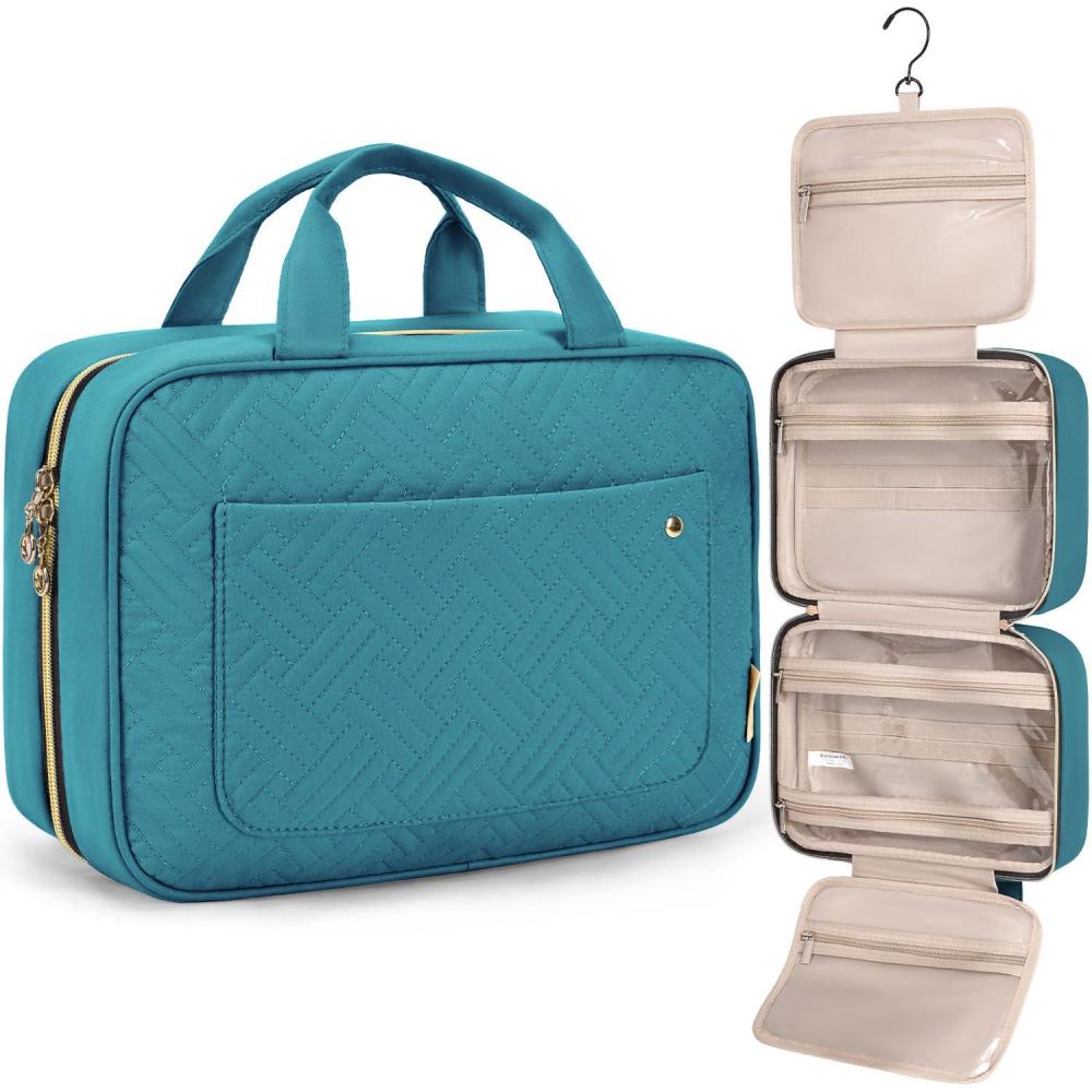 image:imageBAGSMART Toiletry Bag Travel Bag with Hanging Hook Waterresistant Makeup Cosmetic Bag Travel Organizer for Accessories Shampoo Full Sized Container Toiletries LargeBlueTeal