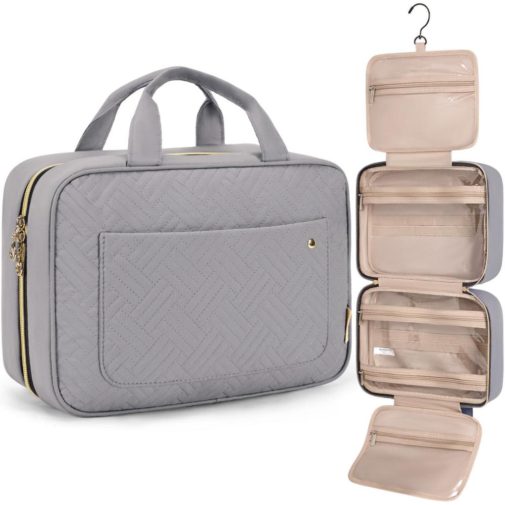 image:imageBAGSMART Toiletry Bag Travel Bag with Hanging Hook Waterresistant Makeup Cosmetic Bag Travel Organizer for Accessories Shampoo Full Sized Container Toiletries LargeBlueGrey