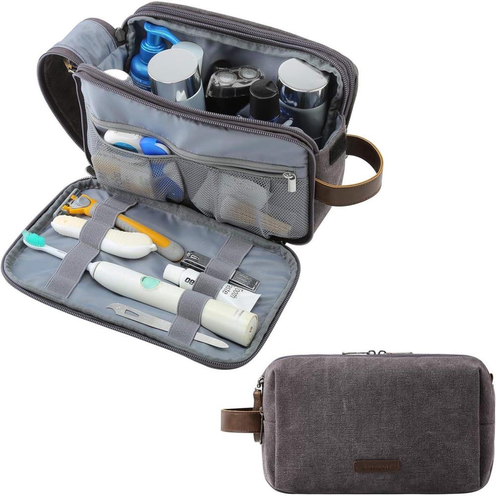 image:imageBAGSMART Toiletry Bag for Men Canvas Travel Toiletry Organizer Dopp Kit Waterresistant Shaving Bag for Toiletries AccessoriesNavy BlueMediumGrey