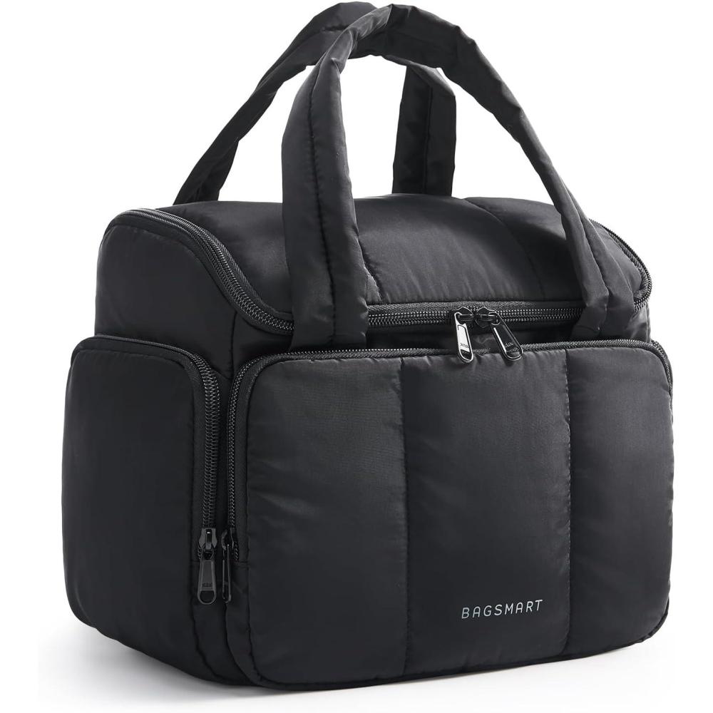 image:imageBAGSMART Toiletry Bag for Women with DualPadded Handles Puffy Lightweight Makeup Bag for Makeup Accessories Brushes Set TravelSized Container CamelJet Black