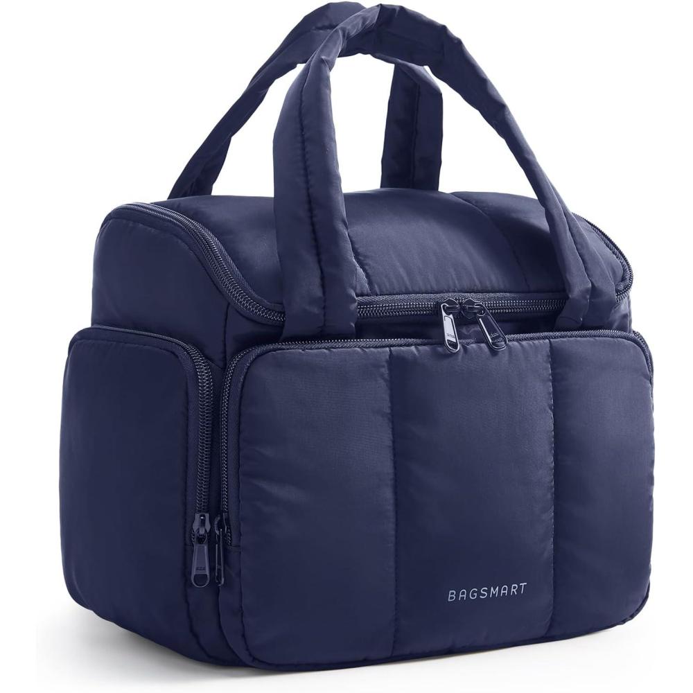 image:imageBAGSMART Toiletry Bag for Women with DualPadded Handles Puffy Lightweight Makeup Bag for Makeup Accessories Brushes Set TravelSized Container CamelNavy Blue