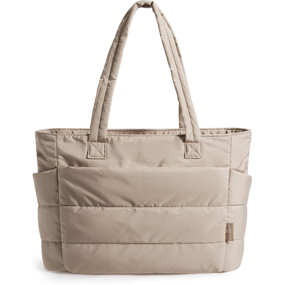 image:imageBAGSMART Tote Bag for Women Lightweight Puffy Tote Bag with Compartments Shoulder Bag Handbag for Travel Work GymGrayish Brownsmall Size