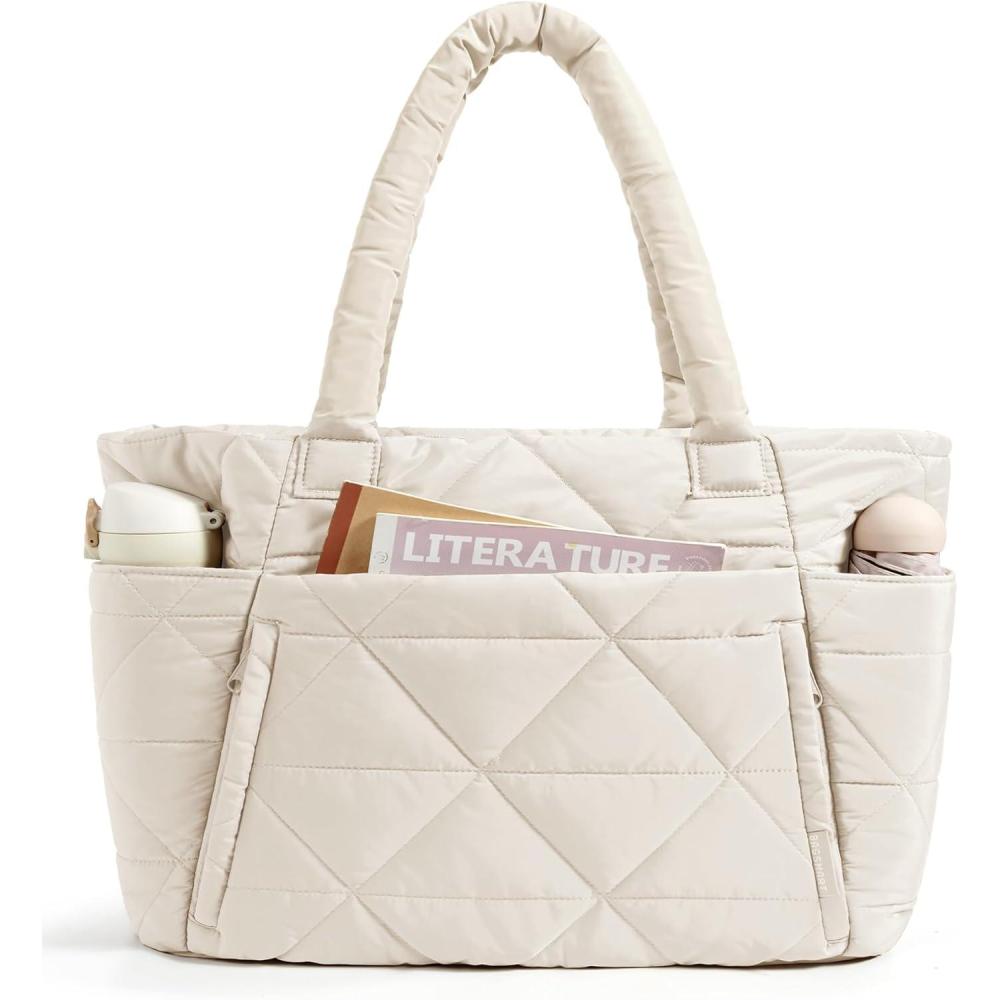 image:imageBAGSMART Tote Bag for Women Puffy Tote Bag with Zipper Large Quilted Shoulder Bag with Compartments for Travel Work GymAbeige