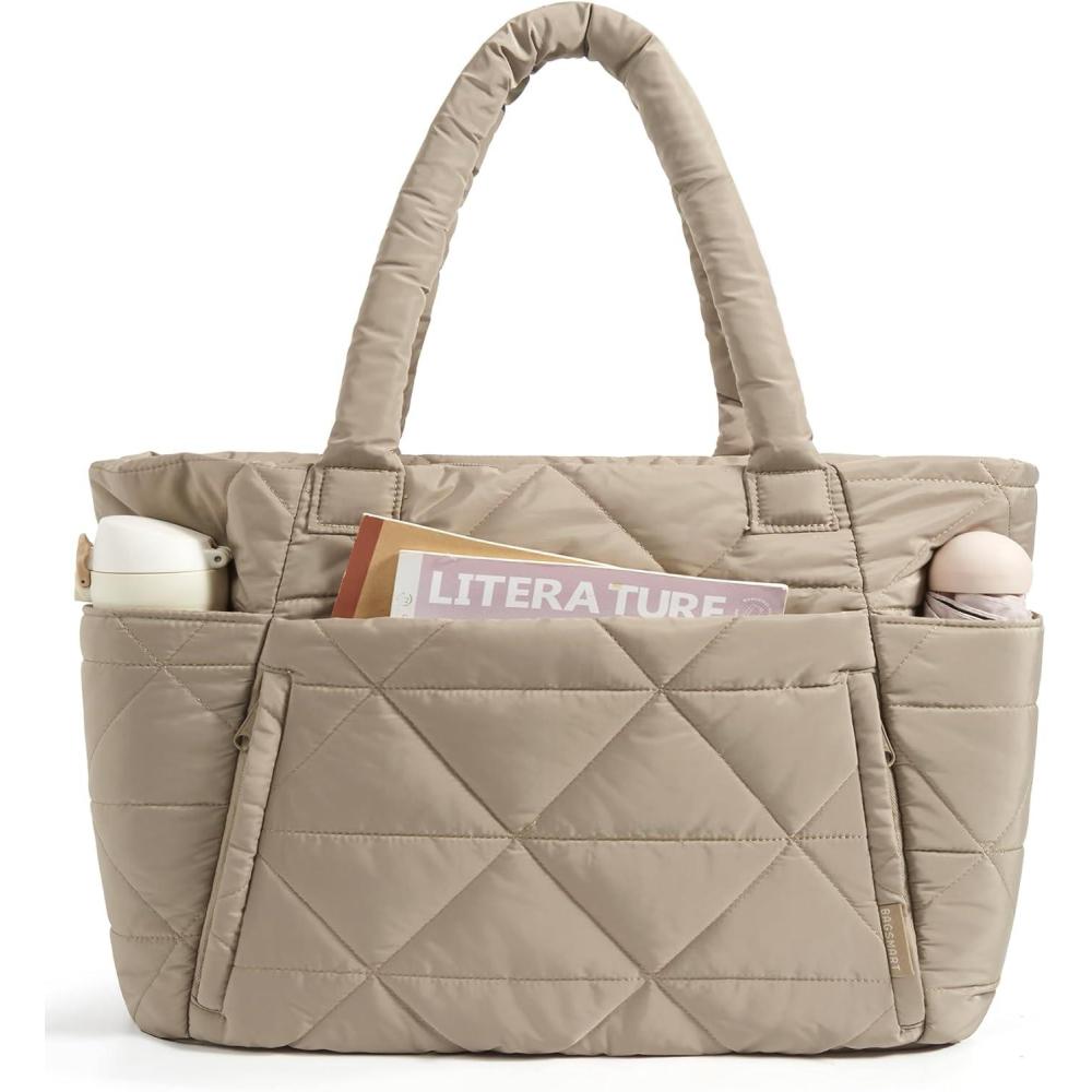 image:imageBAGSMART Tote Bag for Women Puffy Tote Bag with Zipper Large Quilted Shoulder Bag with Compartments for Travel Work GymCgrayish Brown