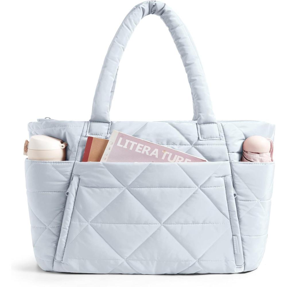 image:imageBAGSMART Tote Bag for Women Puffy Tote Bag with Zipper Large Quilted Shoulder Bag with Compartments for Travel Work GymDgrayblue