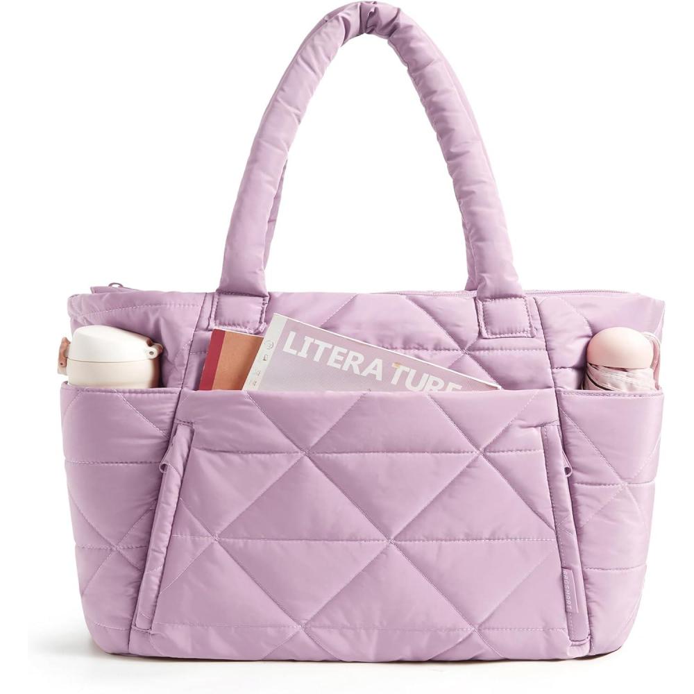 image:imageBAGSMART Tote Bag for Women Puffy Tote Bag with Zipper Large Quilted Shoulder Bag with Compartments for Travel Work GymEpurple
