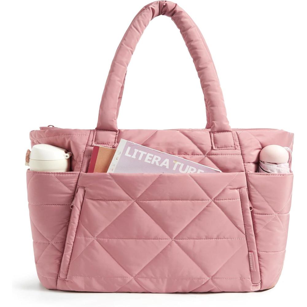 image:imageBAGSMART Tote Bag for Women Puffy Tote Bag with Zipper Large Quilted Shoulder Bag with Compartments for Travel Work GymGdark Pink