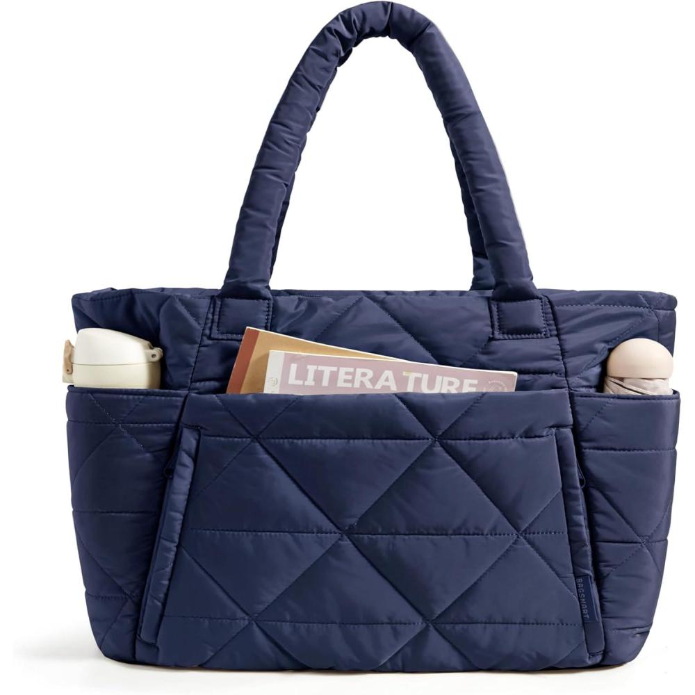 image:imageBAGSMART Tote Bag for Women Puffy Tote Bag with Zipper Large Quilted Shoulder Bag with Compartments for Travel Work GymNavy Blue