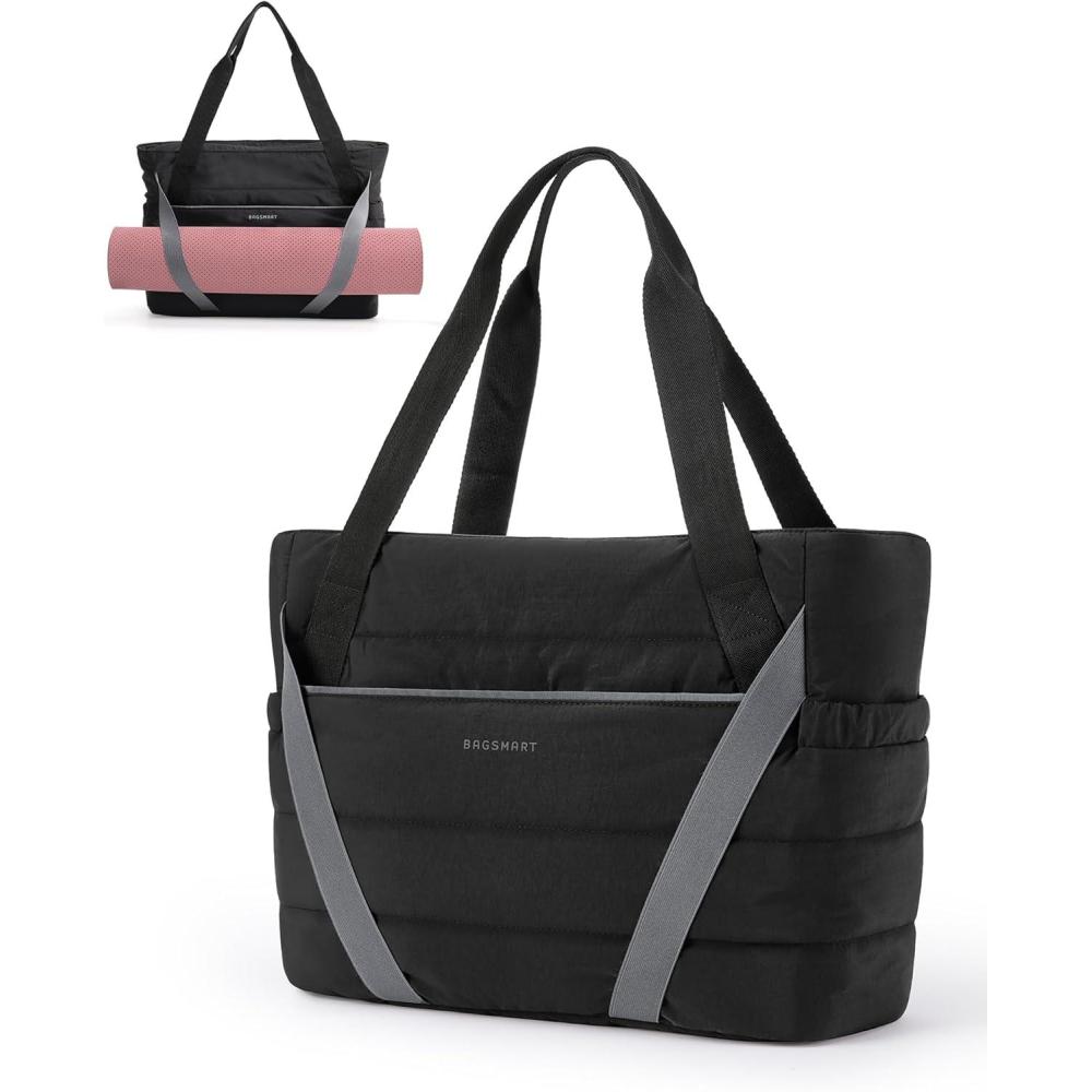 image:imageBAGSMART Tote Bag for Women with Zipper and Yoga Mat Straps Quilted Gym Tote for Travel Work SportBlack