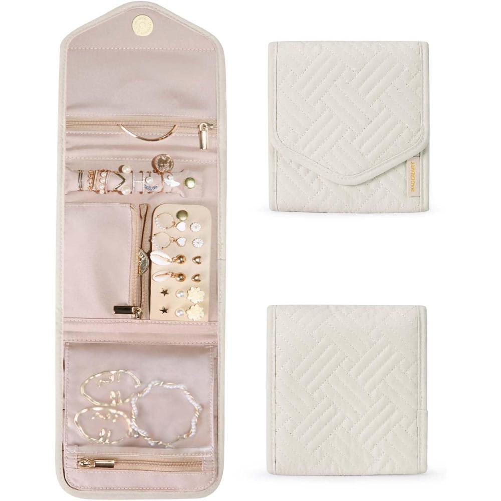 image:imageBAGSMART Travel Jewelry Organizer Case Foldable Small Jewelry Roll for Journey Rings Necklaces Earrings BraceletsMiniSoft PinkBeige