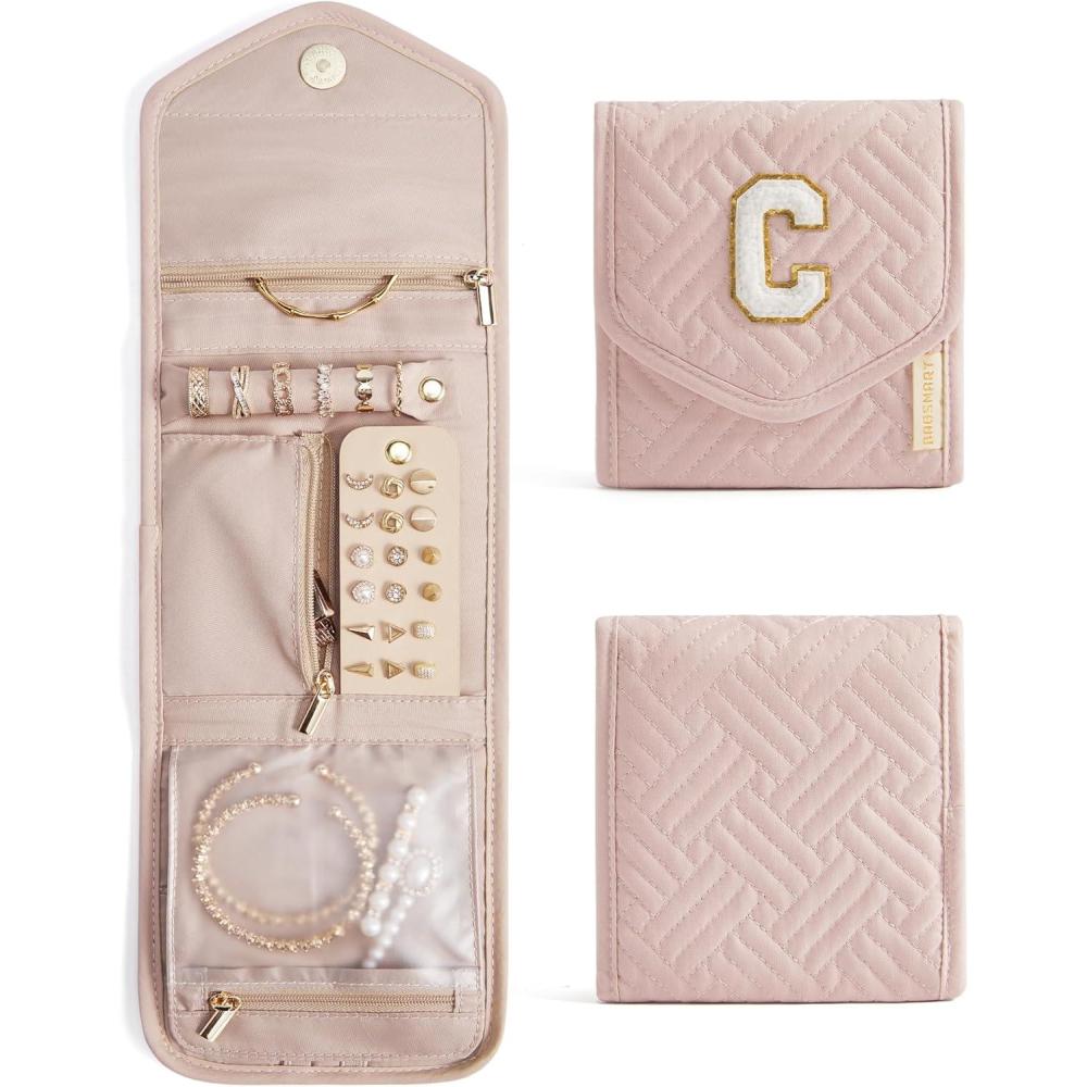 image:imageBAGSMART Travel Jewelry Organizer Case Foldable Small Jewelry Roll for Journey Rings Necklaces Earrings BraceletsMiniSoft PinkPinkC
