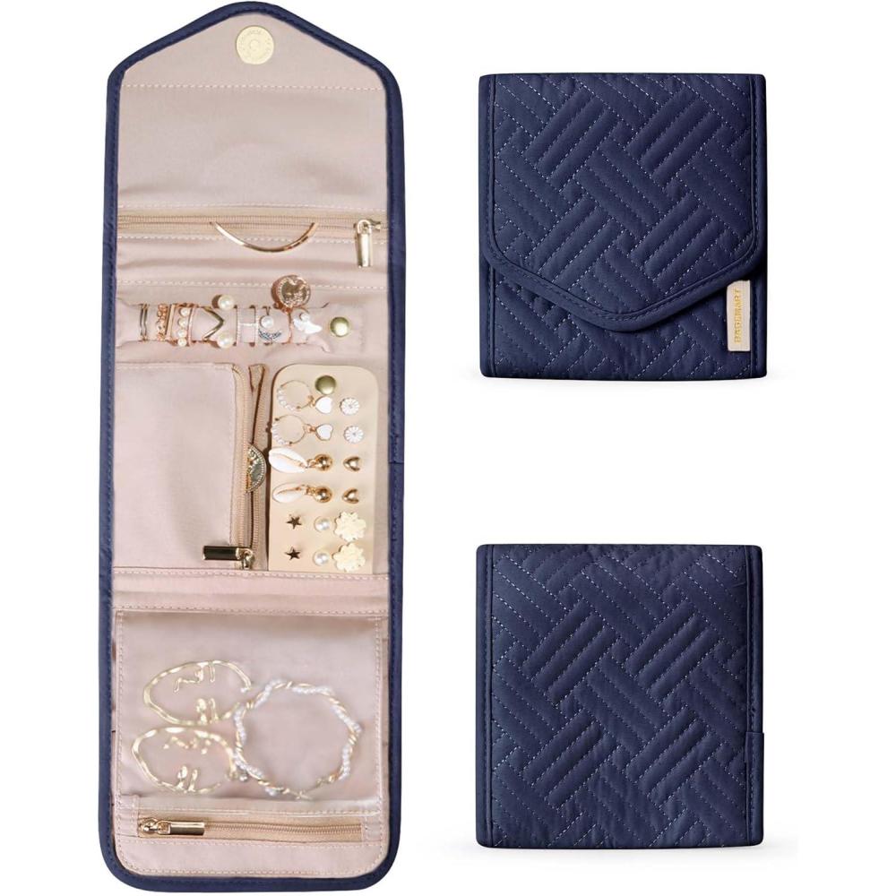 image:imageBAGSMART Travel Jewelry Organizer Case Foldable Small Jewelry Roll for Journey Rings Necklaces Earrings BraceletsMiniSoft PinkSmokey Blue