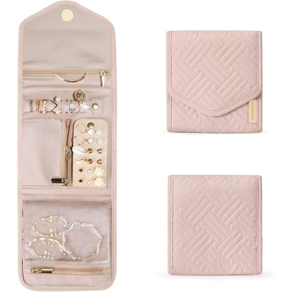 image:imageBAGSMART Travel Jewelry Organizer Case Foldable Small Jewelry Roll for Journey Rings Necklaces Earrings BraceletsMiniSoft PinkSoft Pink